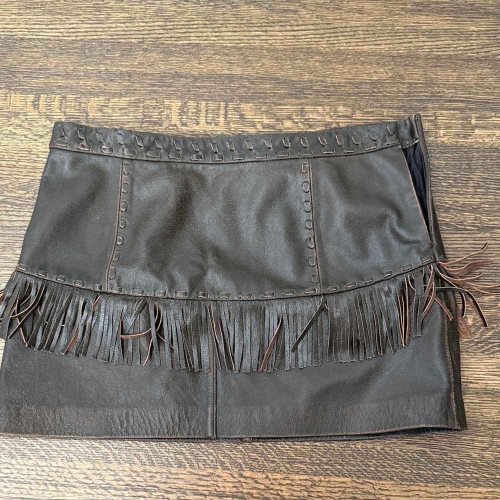 BR real leather fringe mini skirt